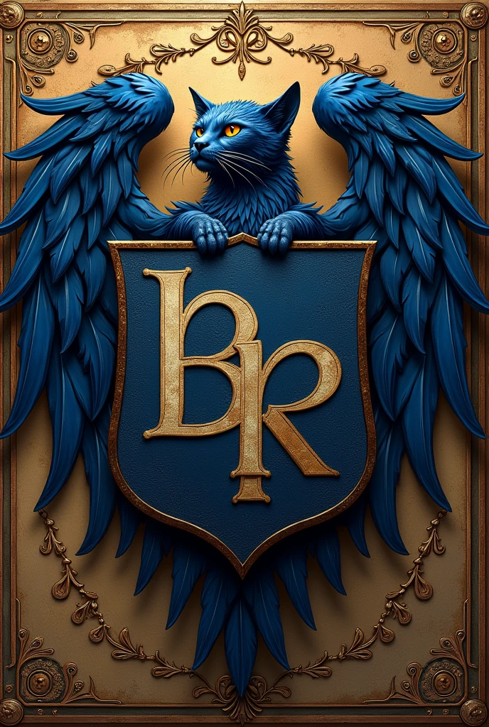 Create a coat of arms with the letters , " Bluecatbr " in high quality , for a motivational profile crie um cat como símbolo épico o menhor único 