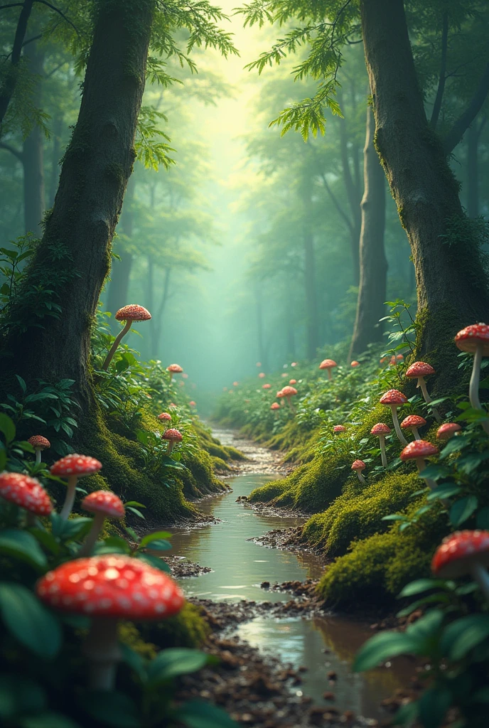 forest with some plant, animals, mushrooms and some dirty puddles 