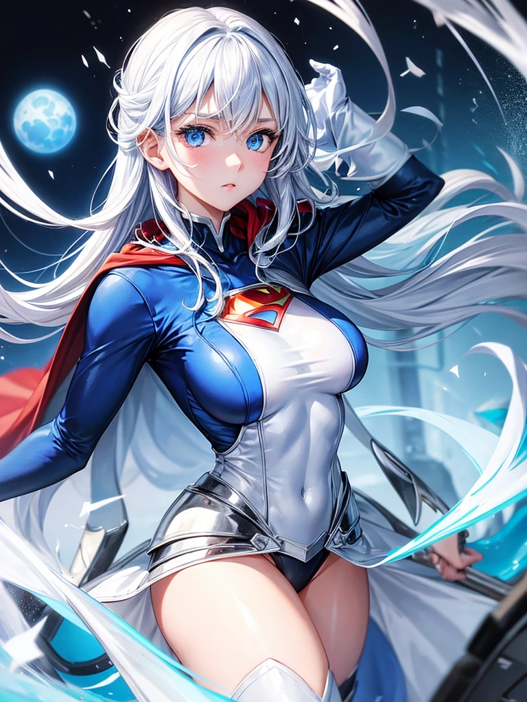 mejor calidad，tmasterpiece，ultimate resolution，Suave，extremadamente colorido，De color，Princesa sirena，(white Superchica:1.4)，Medias de tirantes negras，Starrysky Android!,More detailed 8K.motor irreal:1.4,UHD,La mejor calidad:1.4, fotorrealista:1.4, textura de la piel:1.4, obra maestra:1.8,obra-prima, mejor calidad,objeto Objeto], (detailed face features:1.3),(ciudaddestruidaapocalíptica:1.4),(cabello rojo largo:1.4),（Beautiful and detailed eye description）,(manos:1.4),(minifalda blanca:1.4),(mostrando vientre plano) ,(mostrando panties white:1.4),(serie Supergirl )