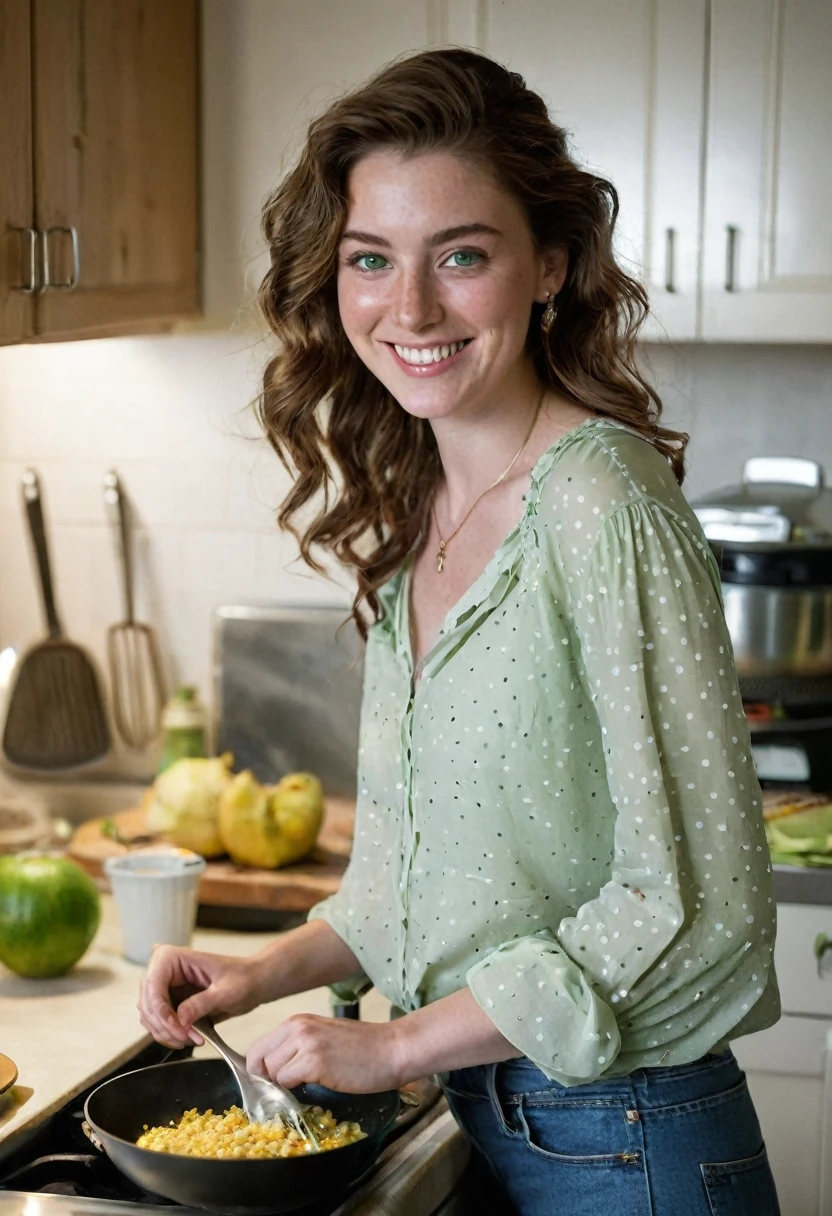 A 24-year-old woman with wavy chestnut brown hair and deep green eyes is in her kitchen, cooking a meal. She’s dressed casually in a comfortable, light-colored blouse and jeans. Her fair skin, dotted with light freckles, glows in the soft, warm light of the kitchen. Her hair is loosely tied back, and her silver necklace with a small pendant rests against her collarbone as she smiles while preparing food."