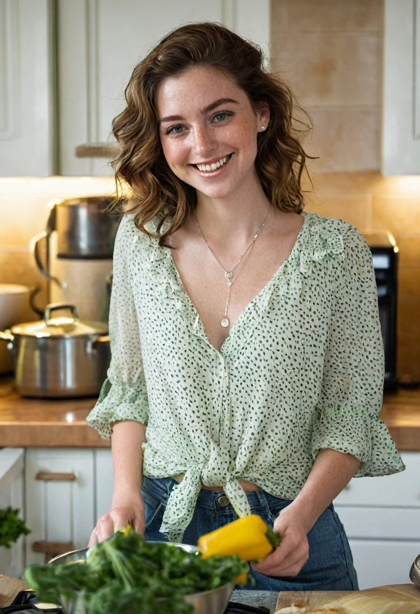 A 24-year-old woman with wavy chestnut brown hair and deep green eyes is in her kitchen, cooking a meal. She’s dressed casually in a comfortable, light-colored blouse and jeans. Her fair skin, dotted with light freckles, glows in the soft, warm light of the kitchen. Her hair is loosely tied back, and her silver necklace with a small pendant rests against her collarbone as she smiles while preparing food."