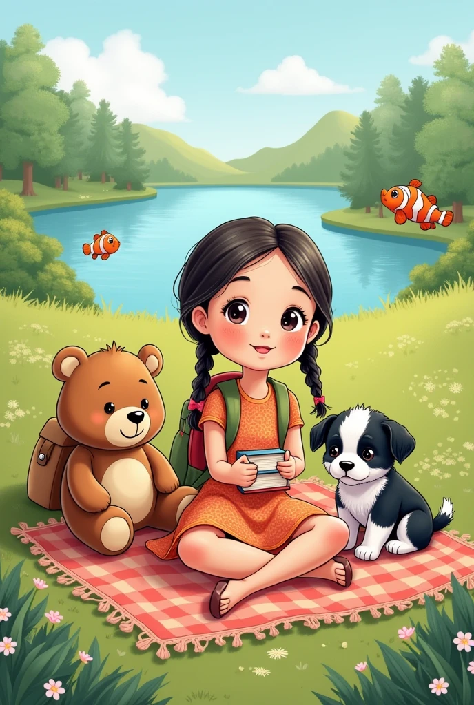 Image of a cute Bobbie Goods coloring book style teddy bear, in a field with a lake while having a picnic with a cute 12 year old with braided hair and a dress, backpack and books in hand, There will also be a clownfish jumping in the lake water, There will also be a black and white puppy with cow spots and a red bow on her head. 