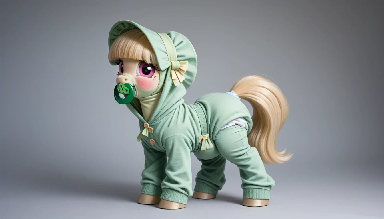 pony, beige earth pony, no horn, no wings, adult mare, stands on four hooves, rear hooves spread wide apart, dressed in green onesie, light green bonnet and green booties, green pacifier in mouth, solo, thick diaper under clothes, pink blush on cheeks, embarrassment, awkwardness.