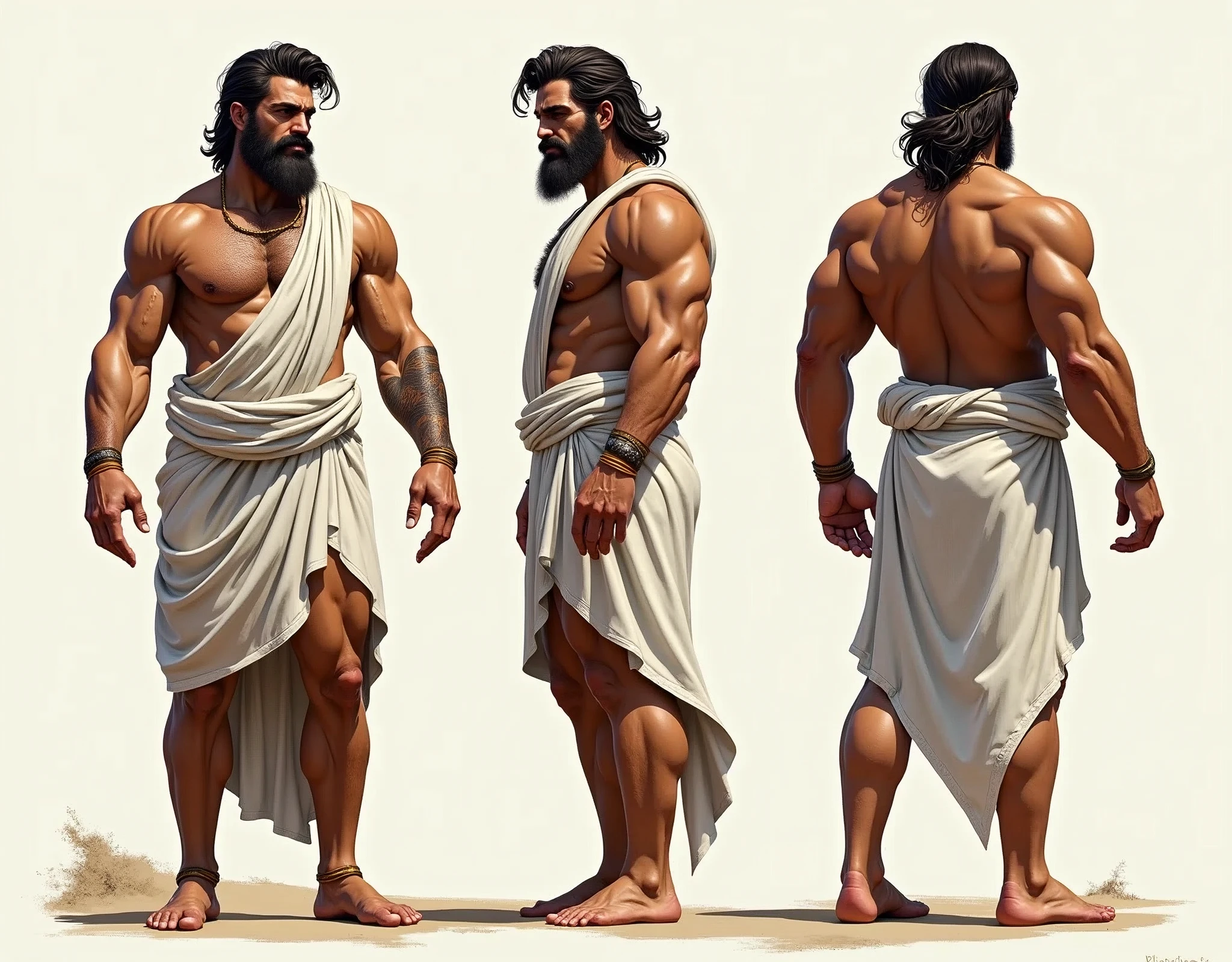 (masterpiece), ultra detailed, 3 views, character view (Front view, side view , back view), (detailed character sheet) , reference sketch of a god, God of Greek mythology, His physical appearance is often portrayed as having a strong and muscular build., by rubio, Wearing traditional Greek white clothing, like a loose tunic or chiton, Ultra-realistic, crisp, intricate details, intricate details, and style, Simple background illustration.