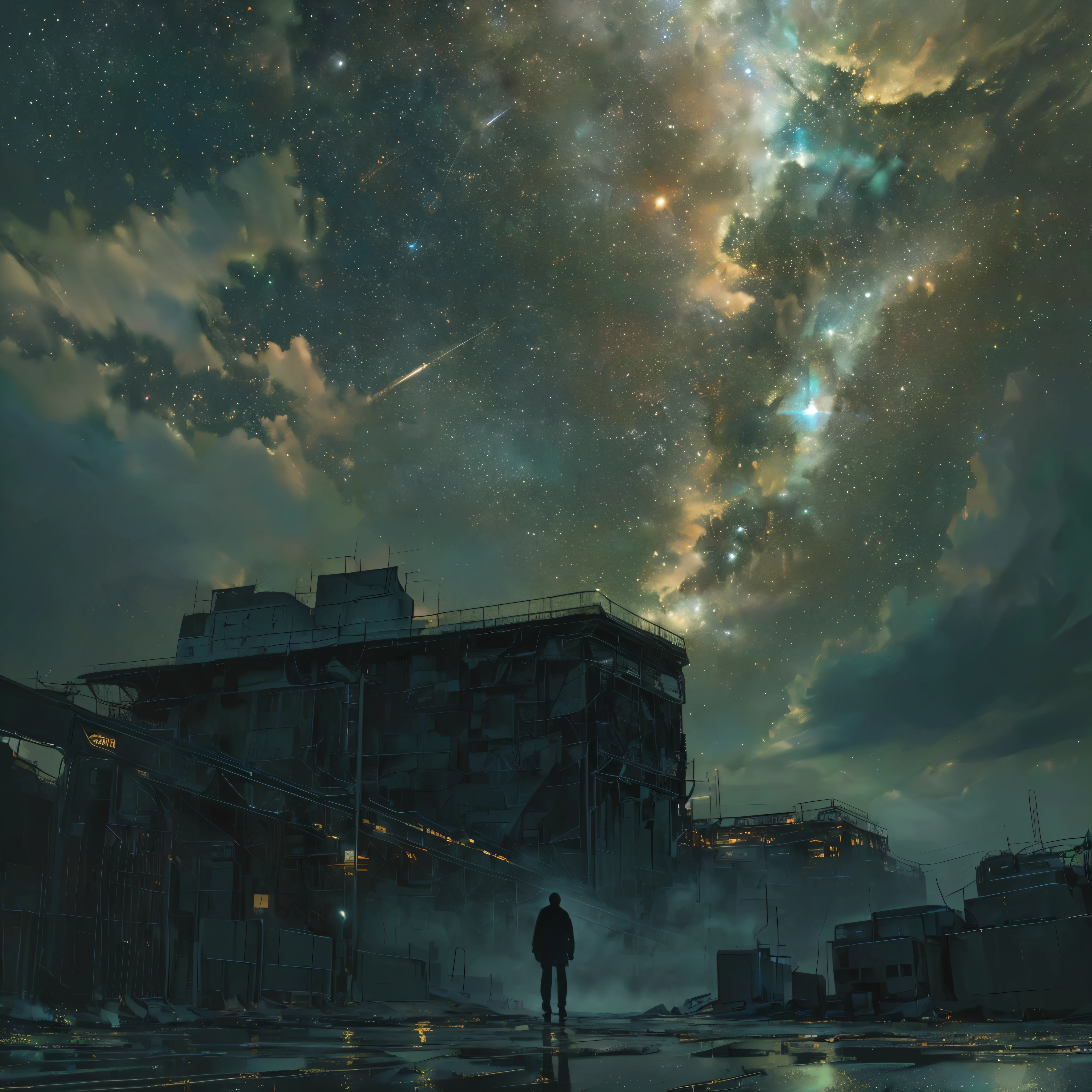 Starry sky with a person standing in the middle of the road, Maxim Verekin, inspired Maxim Verekin, Desolate. Digital Illustration, Atmospheric. Digital Painting, detailed Atmospheric and gritty, quiet night. Digital Illustration, Works that influenced Tomasz Jrzejczyk, Joe San Gonzales and Dan Mumford, Beksiński and Mumford