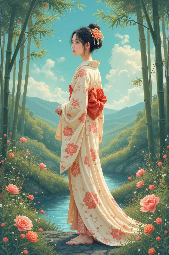 Niitami girl in kimono landscape painting fantasy feel