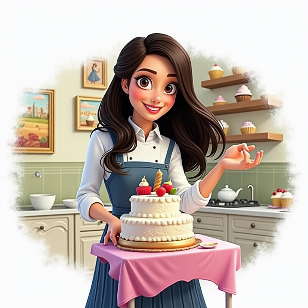 3D poster inspired by Disney Pixar, with a woman,confectioner 35 years old brown eyes and straight brown hair, fair brown-skinned, flat nose, happy grin, In pastry clothes, she is decorating a cake in a kitchen full of cupcakes and paintings
