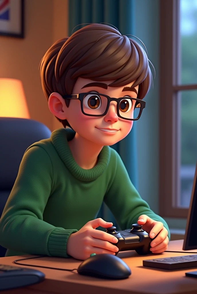 Teen Boy with glasses, Brown Hair and Green sweather playing Brawl stars