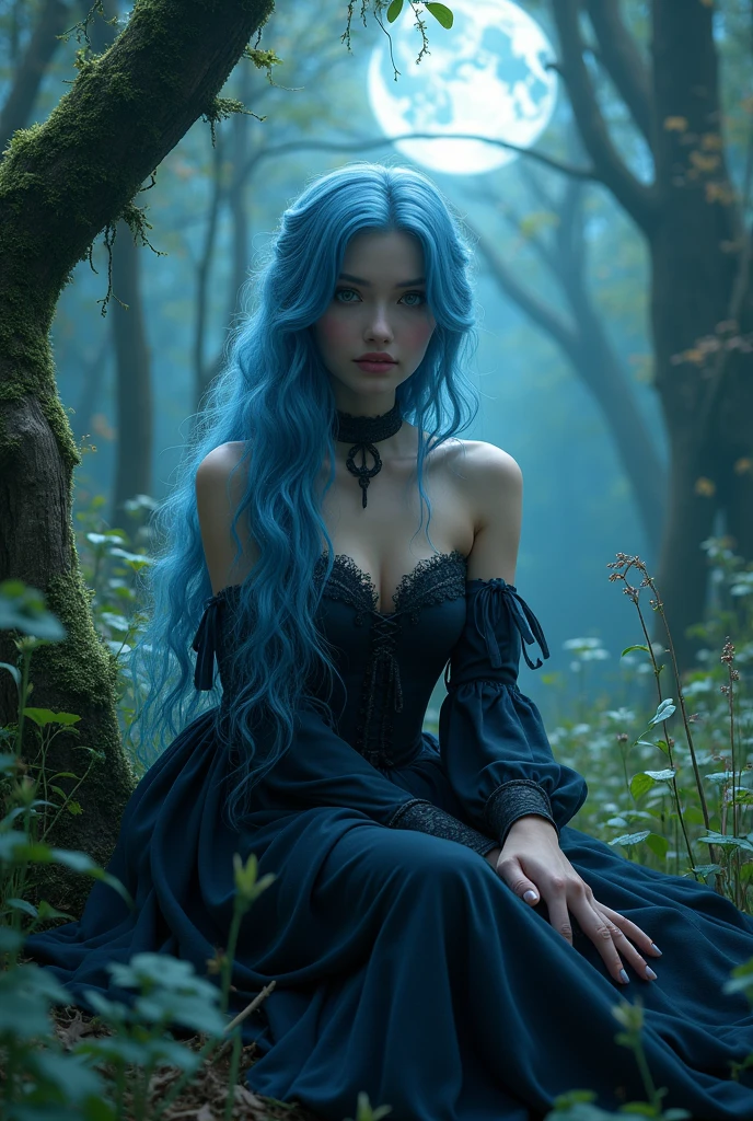 (photorealism:1.2), beautiful woman, forest, goth dress, long blue hair, dark lighting, plants background, moonlight, relaxed pose, realistic, intricate details, cold colors, cinematic lighting, dramatic atmosphere, ethereal, mystical, surreal, fantasy, enchanted, elegant, captivating