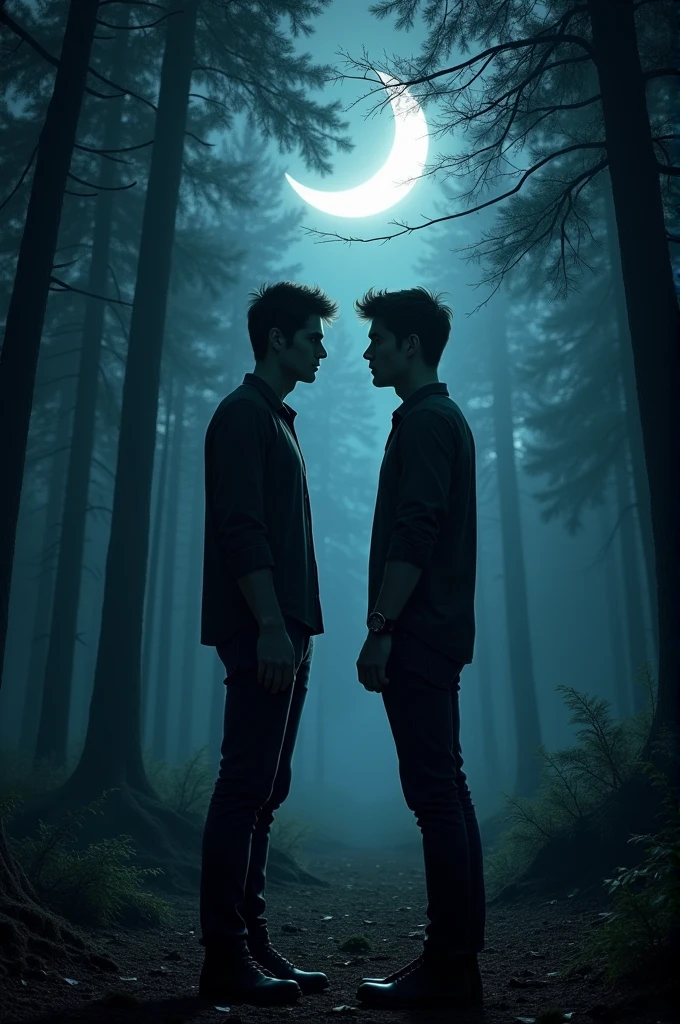 Derek Hale and Stiles Stilinski are together in a forest at night looking at each other face to face