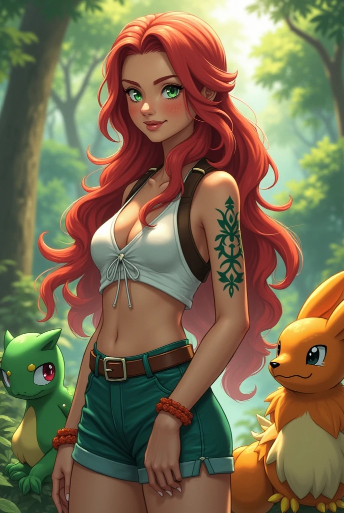 A beautiful 18 year old woman. Has green eyes, freckles and is a redhead. Her hair is hip-length and wavy.. On his right arm he has a tribal tattoo. She is a Pokemon trainer. His Pokémon team has a Salamance, a Meloetta, a Serperior, a Candle, a Swampert and an Ampharos.
