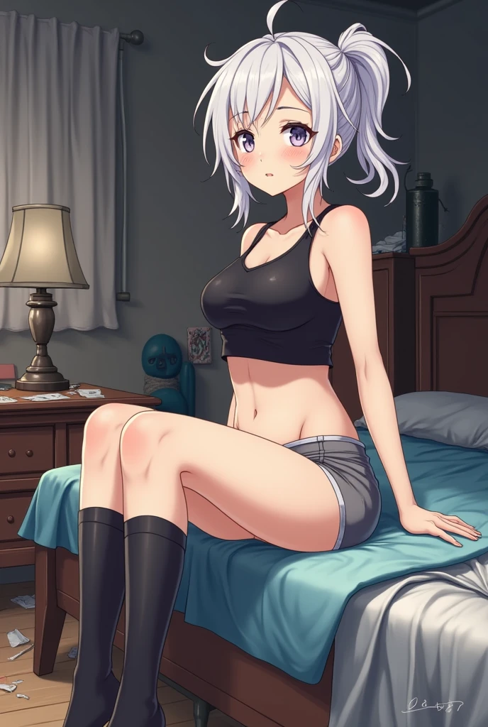 Anime girl, genshin impact, 1girl, medium breasts, middle aged, messy room, on bed side, high knee sock, nonchalant, messy white silky hair, tiny eyes, black crop top, grey shorts, short hair with ponytail, whole body from head to toe view,