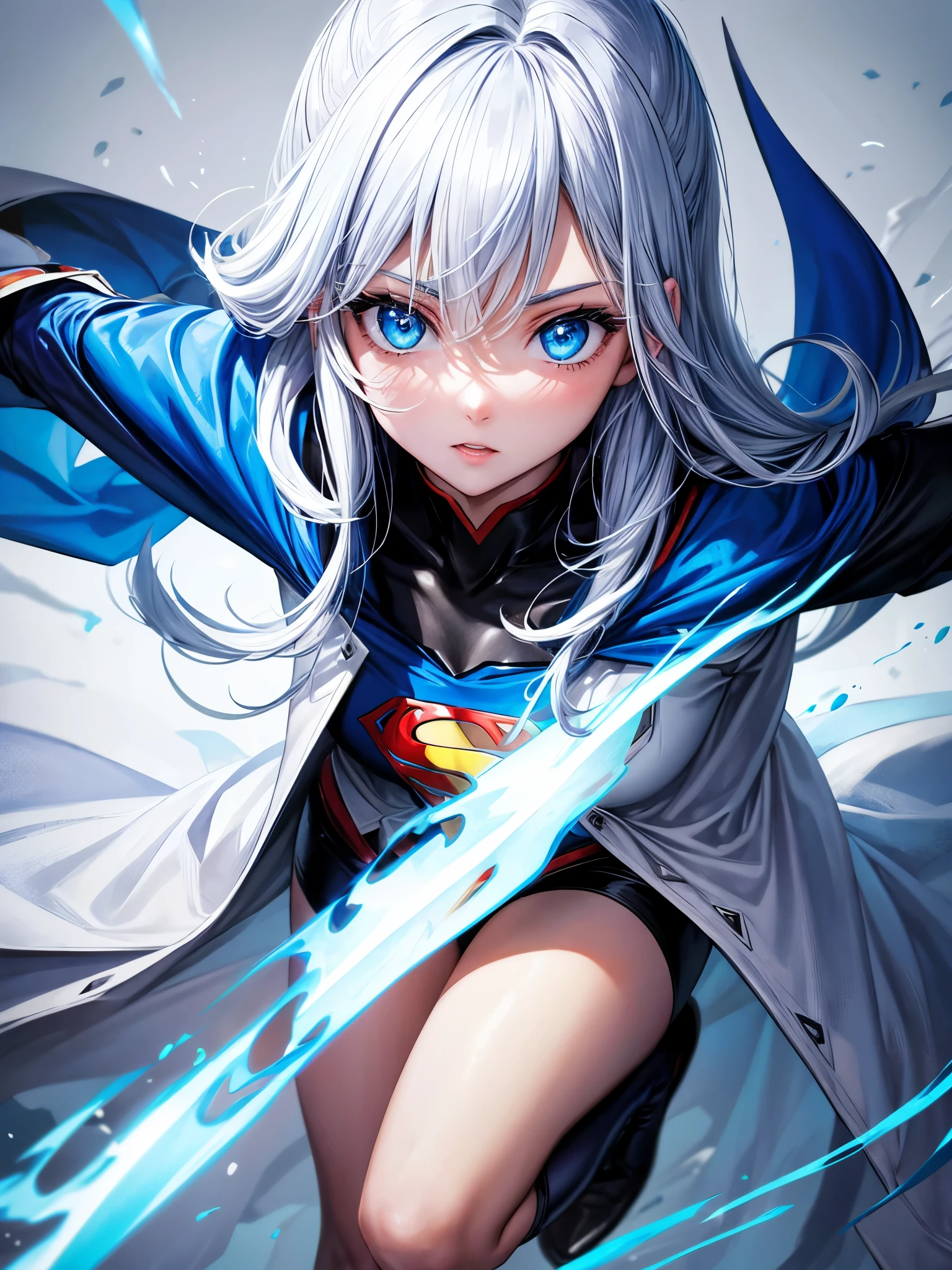 Hot girl, white air, blue eyes, black super hero clothes like superman, blue glove, blue cape
