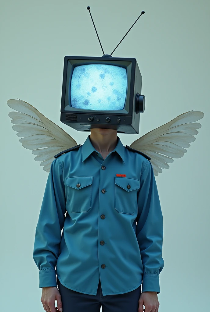 Anime man with TV head and blue military shirt and paper wings posing for photo

