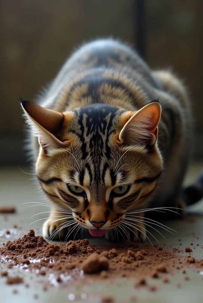 A cat eating poop