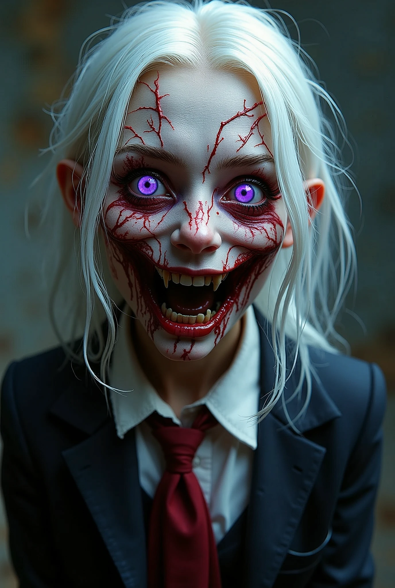 girl with a pretty face, white hair, purple eyes, (((sexy school uniform))), wearing a stylish very sexy school uniform, with a funny expression on her face, Hellwalker, incombing death, hell, black bloody veins growing and intertwining out of the darkness, oozing thick yellow blood, veins growing and pumping blood, (male body:1.6), 1 man, vascular networks growing, connecting, explanding, red veins everywhere, zdzislaw beksinski, (sharp colors:1.3), (rainbow skin:1.1), (Infrared:1.2), ultra detailed, intricate, oil on canvas, ((dry brush, ultra sharp)), (surrealism:1.4), (disturbing:1.5), beksinski style painting, satanic symbols, (full torso), full body in frame, centered body, (male:1.2), realistic, ((intricate details)), (pale gothic evil king), dynamic pose, perfect face, (realistic eyes), perfect eyes, ((dark gothic background)), sharp focus, A product shot from a bird's view with fish eye lens capturing a necromancy book with cover from white human flesh with a screaming decayed death face stretching itself out of the human leathery skin cover and glowing gems where the eyes should've been, in a magical environment, white leathery book, foreshortening, masterpiece, best quality, photograph, dreamlike, face focus, intricate details, sharp focus, photography, photorealism, photorealistic, soft focus, volumetric light, gelatinous, jelly, slime, eldritch, (dark magic), (grim), (intricate details), (hyperdetailed), 8k hdr, high detailed, lot of details, high quality, soft cinematic light, dramatic atmosphere, atmospheric perspective, face focus