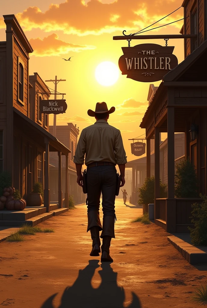 A cowboy walking through a town at dusk. The store he walks by has a sign that says, “The Whistler.” Another sign in the distance says “Nick Blackwell.” Another sign says “Scouts Rest.” His back is shown. 
