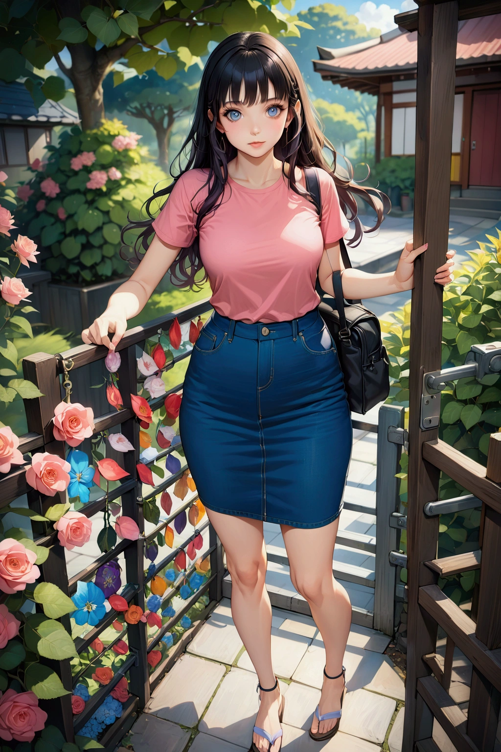 realistic anime illustration of pretty tourist woman is looking at viewer and carrying black bagpack, standing near colorful master keys hanging on rail of fence at garden, she has a black long wavy hair, she wearing rose pink t-shirt, navy-blue denim pencil mini skirt (1girl, solo, full body), (masterpiece, best quality, japanese anime style), (expressive eyes, perfect face)