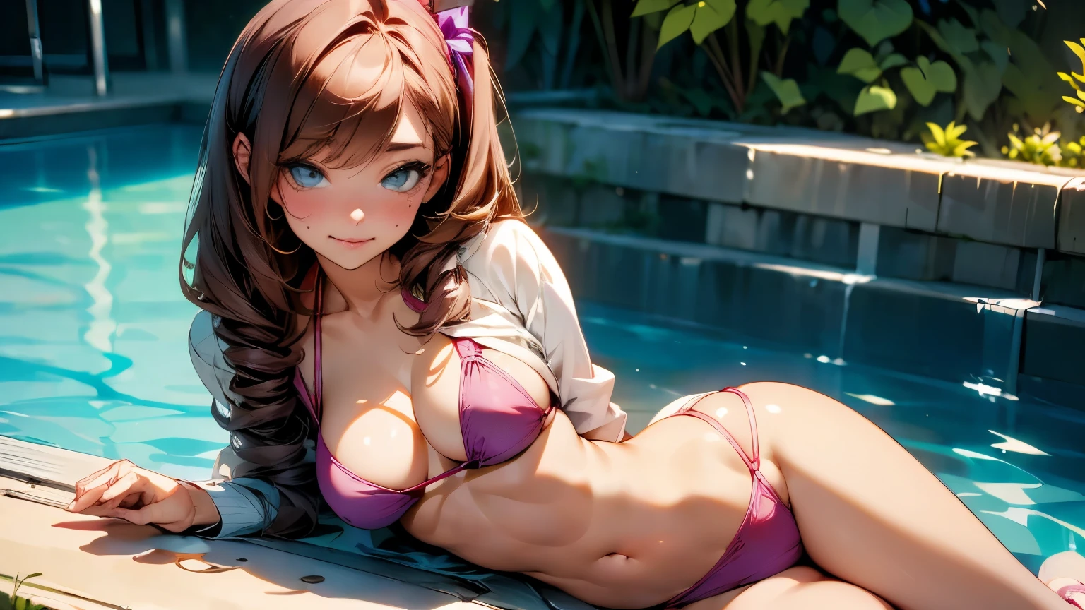 seductive woman's buttock body in the swimming pool, good human anatomy, hyper detailed, high resolution, high definition, high quality, masterpiece, japanese anime, manga lines, realistic, little clothes, fan service, fluid, well drawn hentai, anime, ufutable anime, well defined breasts, well drawn hentai, well drawn hentai, anime, ufutable, position girl seductive, nalga mediana, piernas mas abierta, bikini mas ajustada.