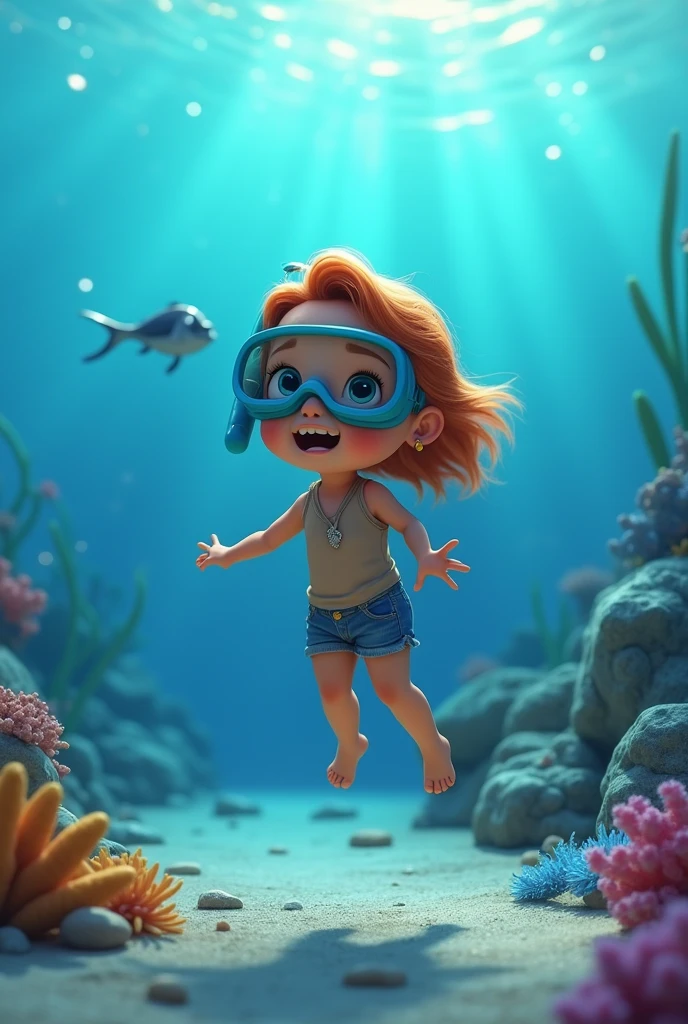 Imagem frontal de uma menina de 5 anos, Standing, com cabelos castanhos, olhos castanhos, bochechas rosadas, arms spread open, pernas afastadas, Feet on the ground, fundo limpo, Diving goggles, terno de mergulho rosa, luvas de mergulho, Sapatos de mergulho, in a children's book illustration style, 2D.