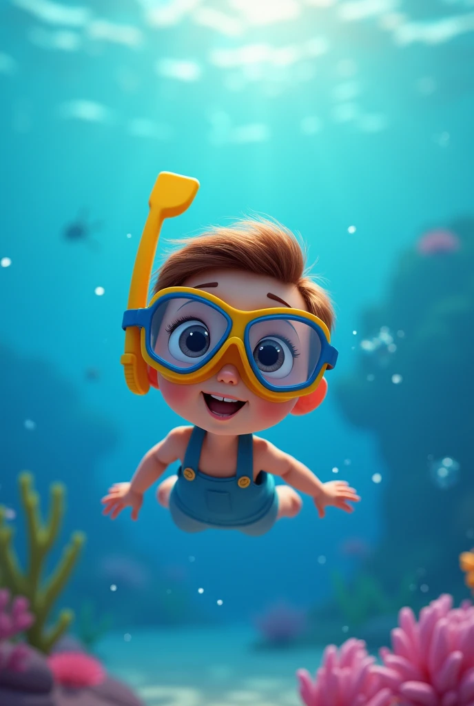 disney pixar character, children, snorkeling, under the sea, animation, high quality  