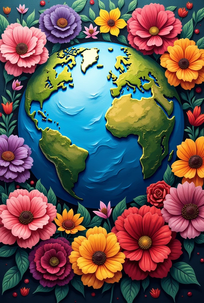 I want an acrylic painting of a planet Earth and lots of flowers that express love and say you are my world