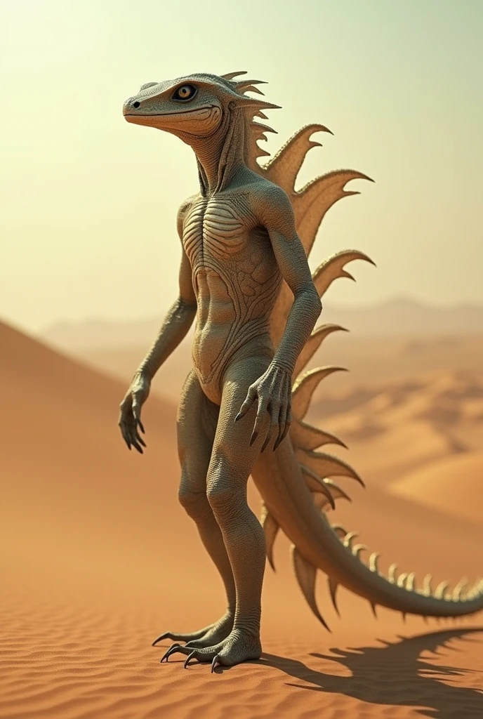 Person with lizard skin in a desert,human face