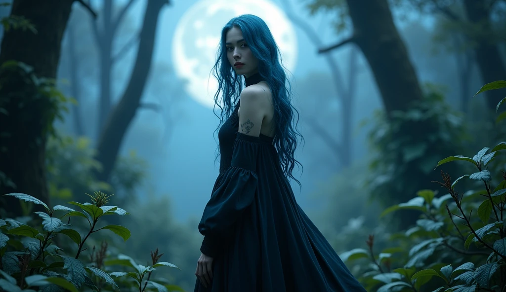 (photorealism:1.2), beautiful woman, forest, goth dress, long blue hair, dark lighting, plants background, moonlight, relaxed pose, realistic, intricate details, cold colors, cinematic lighting, dramatic atmosphere, ethereal, mystical, surreal, fantasy, enchanted, elegant, captivating