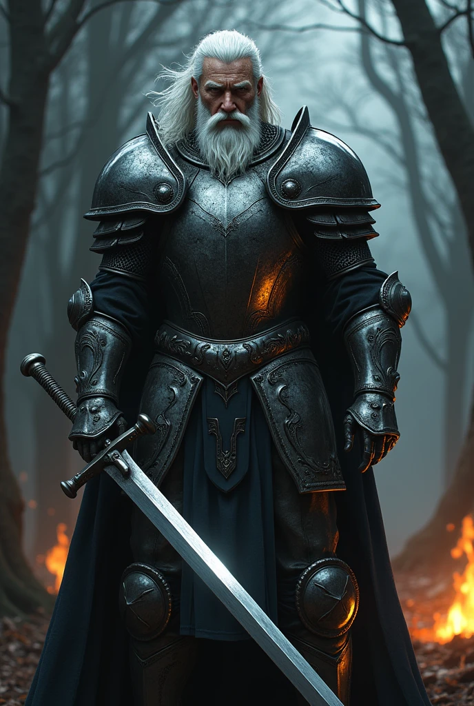 knight. chrome armor. white hair. tattooed. Raby. Dark background and trees . fire . Crossed Swords