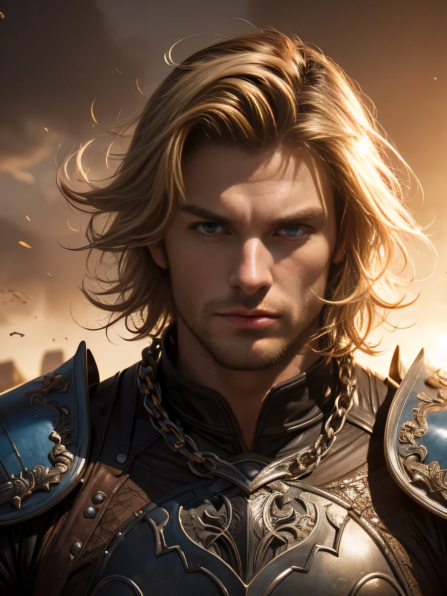 1 muscular male, 30 years old, short blonde hair, blue eyes, muscular, bodybuilder, wearing leather armor, Metal gauntlet, chains, spikes, holding a knife, ultra high resolution, detailed face, desert background, dust, wind, blowing dust, dynamic lighting, etc., volumetric lighting, realistic, intricate details, Everything in razor-sharp focus, male focus, alone, picture, masterpiece, 12,000, Super definition, intricate details, absurd, Ultra-detailed, dark fantasy 
