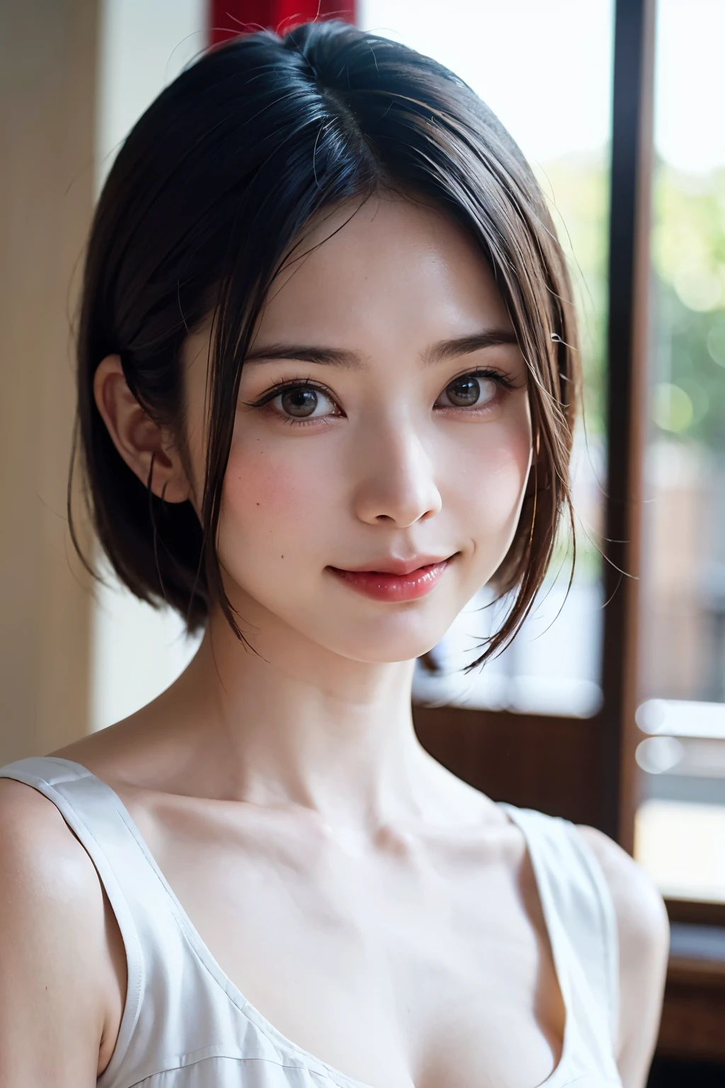 (masterpiece, Highest quality),One Girl, alone, hyper Realistic, Realistic,Realistic, Looking at the audience, Light brown eyes:1.4,Brunette Short Bob Hair with highly detailed shiny hair, Brightly colored winter clothes, Lepangas:1.4), Plein Air, Mouth closed, Beautiful glossy lips、Upper Body、big chest eye、eyelash、{Huge|big|非常にbig|Mega} chest:2, chestの谷間:2、{Huge|big|expensive|Mega} chest:2, chestの谷間:2、とても大きなchestの谷間を見せる、The large windows overlook the strait valley..、(((big chest eye、Short Bob Hair、Glowing Skin、Shiny Hair、Student Highlights、Gazing at the audience、She is very beautiful and cute、Listen carefully、beautiful long neck、Beautiful décolletage、smile、Close your mouth and smile、bangsと美しい歯、bangs、Perfect Anatomy)))、Ideal body type、（Snowy tree-lined road in winter in Norway, Out of focus background）、Beautiful long neck:1.4、Very attractive, 美しくてかわいいVery attractive女性、