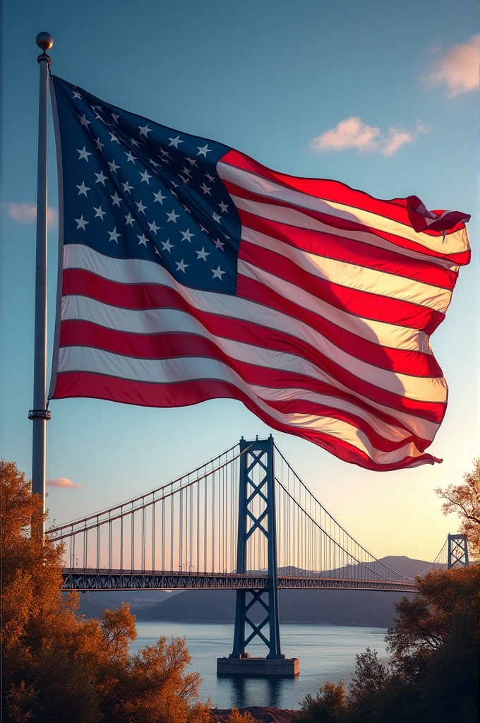 Red flag,white and blue with the santa fe suspension bridge
