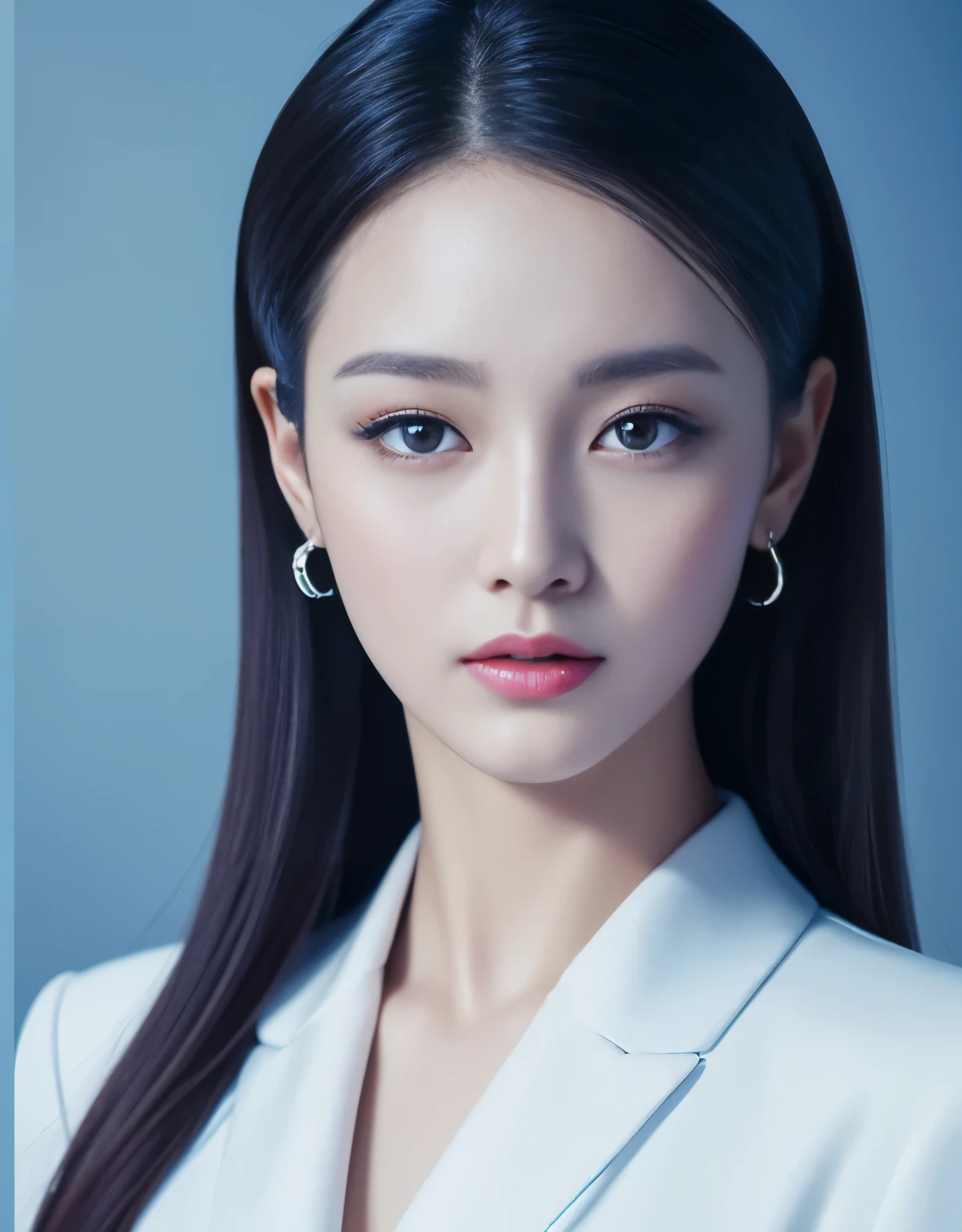 Close up portrait of woman in blue suit and white shirt, Elegant digital art, High-quality portraits, Shiny digital painting, Digital Art Images, Beautiful digital art, Elegant digital painting, Portraits of Korean female idols, Beautiful digital painting, Realistic cute girl drawing, high quality digital painting, TWICE's Tzuyu, Professional Profile Photo, Korean Girls