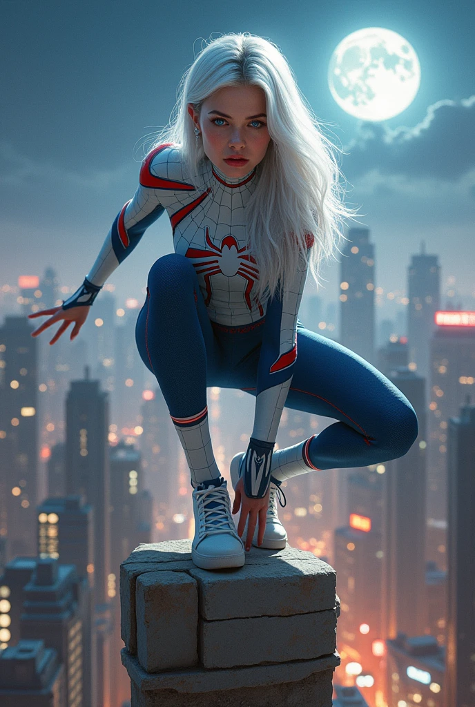 ???? (masterpiece, 4k-resolution, ultra realistic, very detailed), (White superhero theme, charismatic, there's a girl at the top of town, dressed in the Spider-Man costume, is a superhero), [ ((25-years old), (long white hair: 1.2), Whole body, (blue eyes: 1.2), ((put the Spider-Man), show of force, jump from one building to another), ((Sandy urban environment): 0.8)| (urban landscape, at night, dinamic lights), (full moon))] # Explanation: The Prompt primarily describes an ultra-high-definition 4K painting, very realistic, very detailed. It shows a superheroine at the top of the city, dressed in a Spider-Man costume. The theme in the painting is a white superhero theme, The female protagonist has long white hair, is 25 years old and her entire body is shown in the painting. In terms of portraying the actions of female superheroes, spiders are employed.