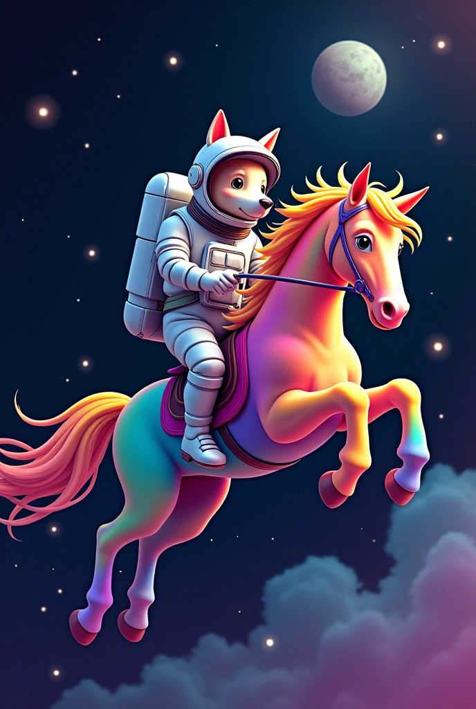 An astronaut dog riding a gay horse in space