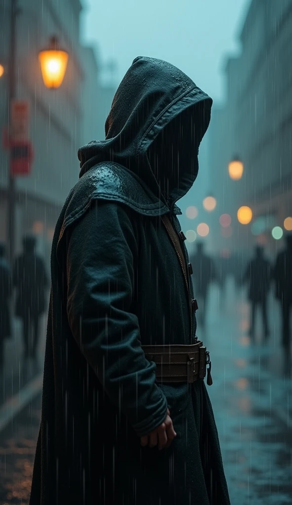 a man in a hood in the rain