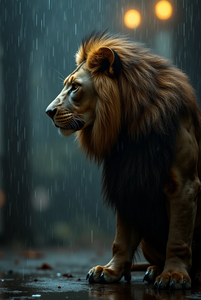 Woman saved from the gang by a lion-headed person on a rainy night