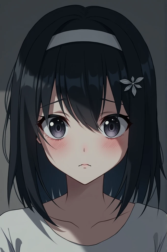 Black-haired girl with a butterfly cut and tired black eyes, bored expression on his face he wears a headband with a mini cross around it in silver color. Pale white skin anime style.