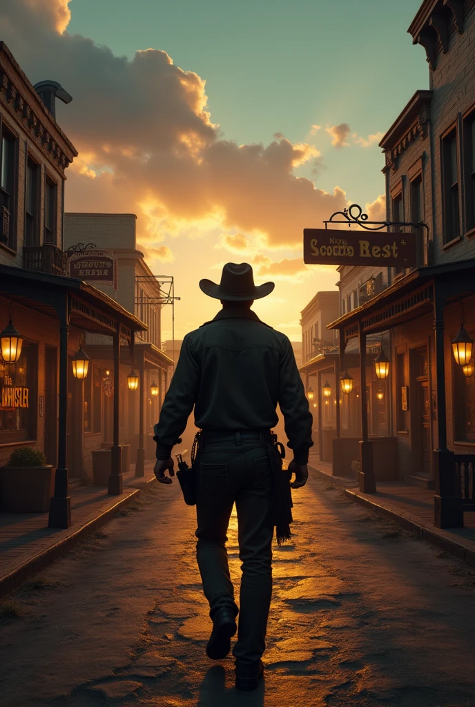 A cowboy walking through a town at dusk. The store he walks by has a sign that says, “The Whistler.” Another sign in the distance says “Nick Blackwell.” Another sign says “Scouts Rest.” His back is shown.