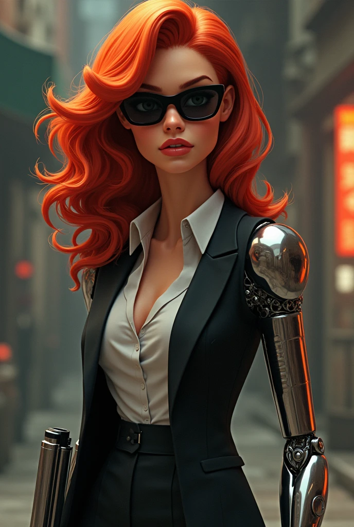 Generates a red-haired female spy with a metal arm who has her 5 senses heightened and wears sunglasses, Dress smartly and always carry a gun with a silencer. Let the drawing style you generate be similar to the 3D animation of the animated series What If