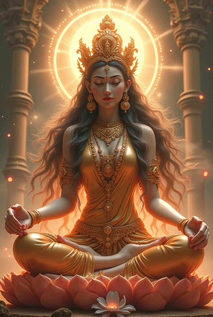 Tripura Sundari :
- A beautiful goddess with a graceful appearance, often depicted with four faces and a serene expression. She is usually seated on a throne or lotus, with a radiant aura and elaborate ornaments, representing supreme beauty and bliss. In dall e-3 style