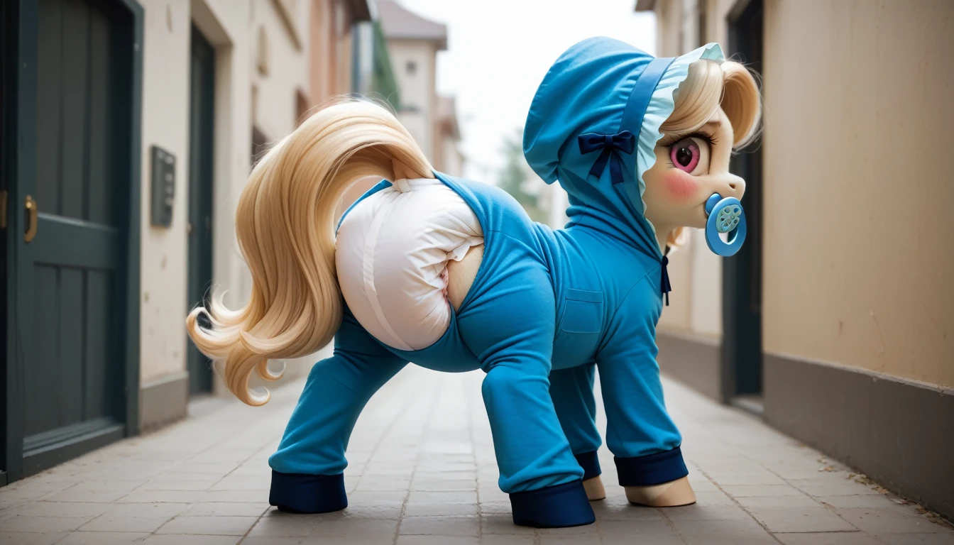 pony, beige earth pony, no horn, no wings, adult mare, stands on four hooves, rear hooves spread wide apart, dressed in blue onesie, blue bonnet and blue booties, blue pacifier in mouth, solo, thick diaper under clothes, pink blush on cheeks, embarrassment, awkwardness.