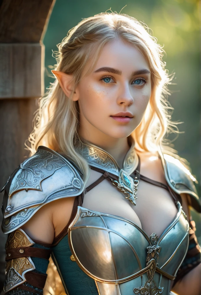 Masterpiece, a beautiful female elf knight (Lily Larimar 1.0), bright eyes, blonde hair, broad shoulders, strong body, high detail pale skin with light freckles, high detail filigree elf armor, outside, (skin texture:1.1), best quality, ultra high res, Raw photo, Nikon D850, backlight, rimlight, bright sunlight, film grain:1.2, (warm hue, warm tone:1.2), (color photo), fantasy landscape background、((((busty breasts 1.8))))、nsfw, (breast squeeze:1.3)、wearing Fishnet bodystocking、cowboy shot、