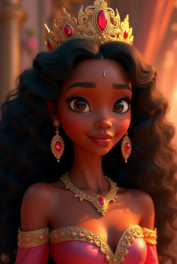 Make a princess, black female, long curly hair, photo in 8k, Pixar style image, in the adult version, Excellent quality.