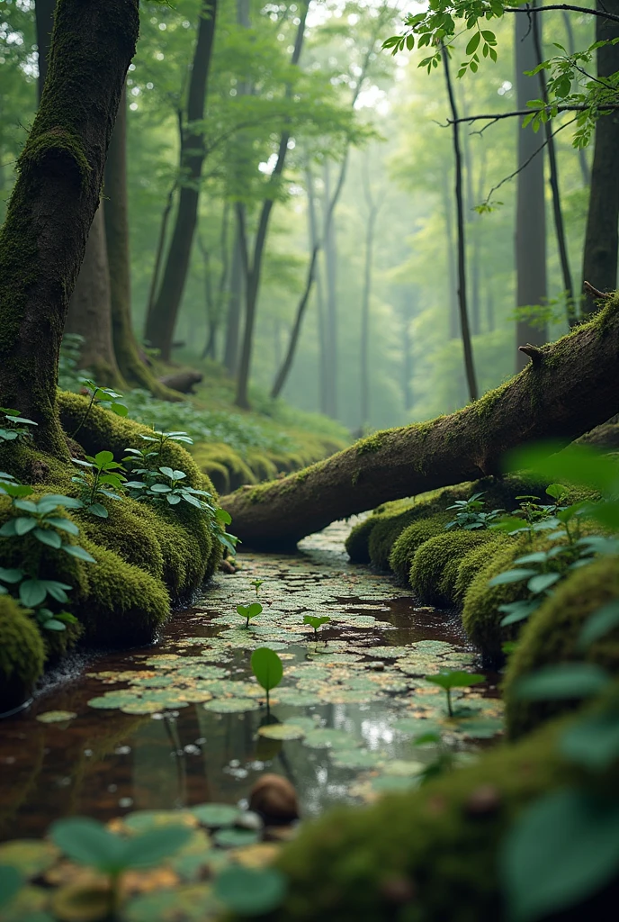Forest where animal species are found, puddles with algae, logs with fungi and bacteria