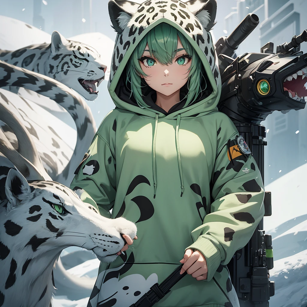 Anthropomorphic female snow leopard with green eyes wearing hoodie