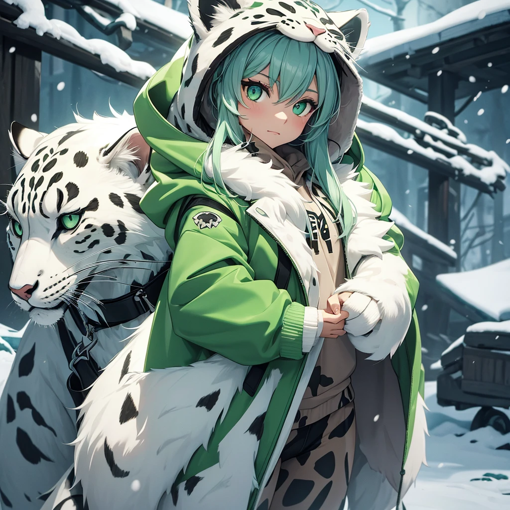 Anthropomorphic female snow leopard with green eyes wearing hoodie