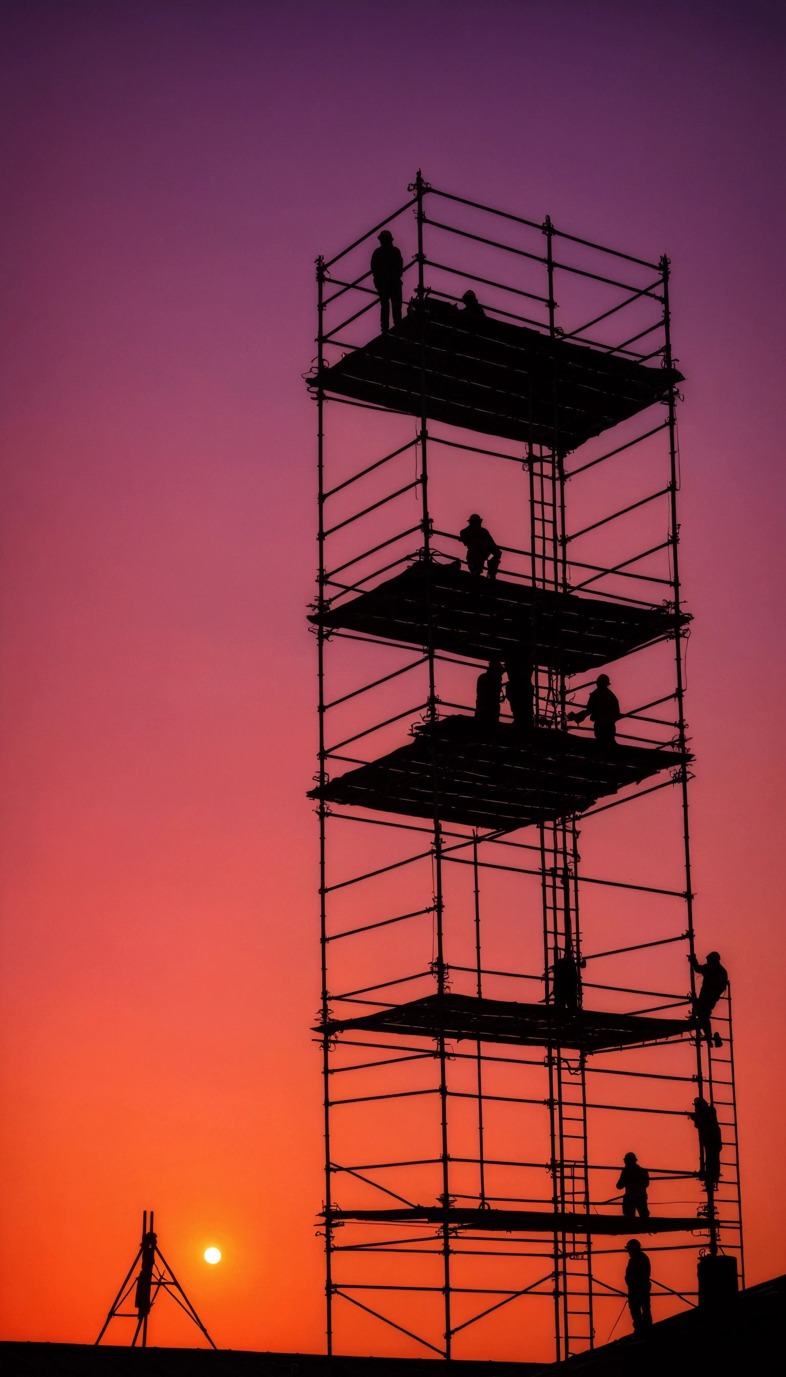 Scaffold workers working on scaffold far away in the red sunset.