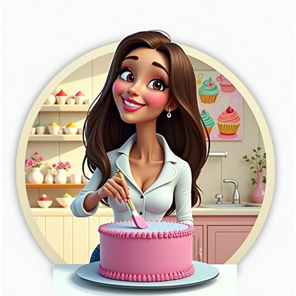 3D poster inspired by Disney Pixar, with An elegant woman, confectioner 35 years old brown eyes and straight brown hair, fair brown-skinned, big flat nose, happy grin, In confectioner's clothes, she is decorating a cake in a kitchen full of cupcakes and paintings