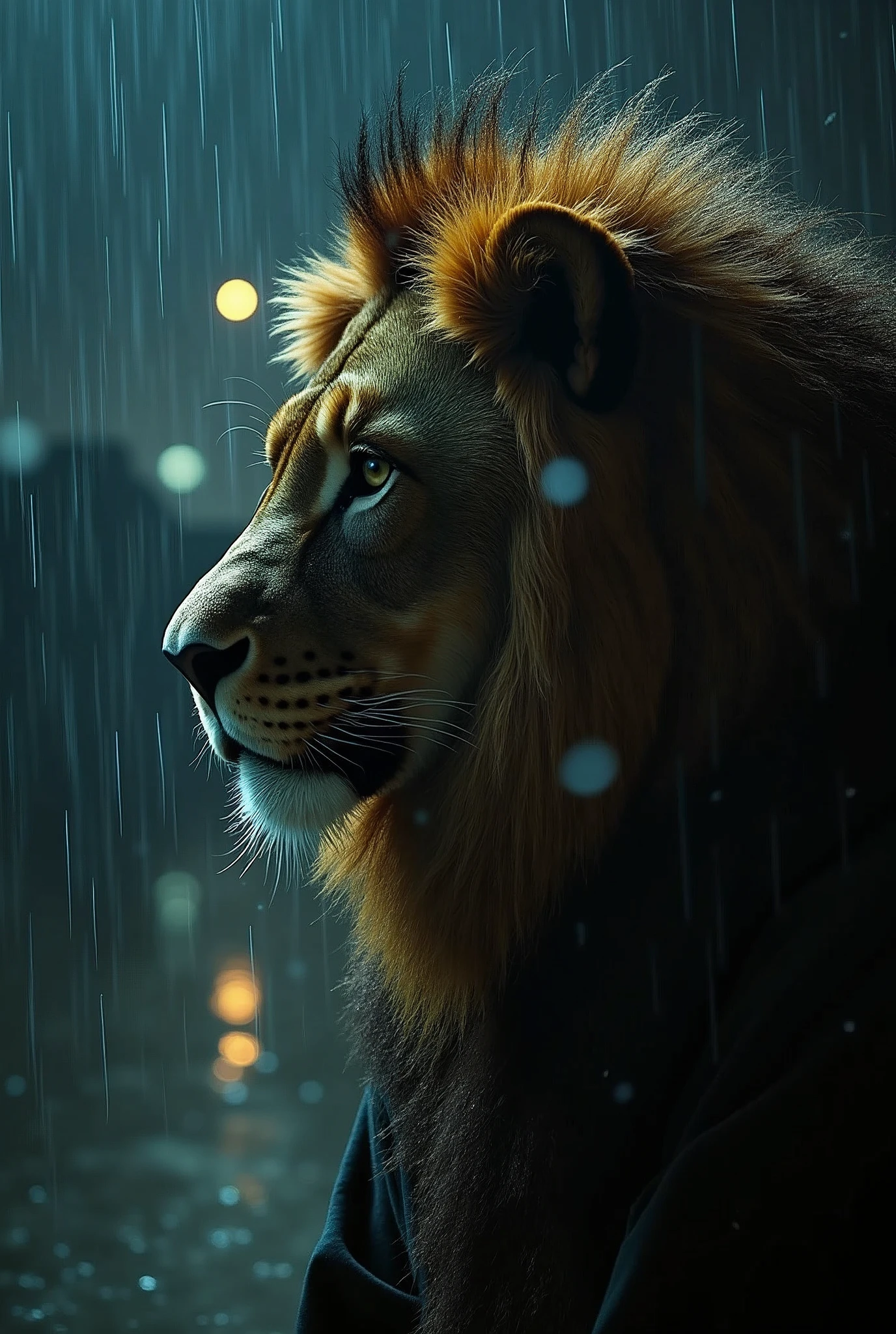 Woman saved from the gang by a lion-headed person on a rainy night